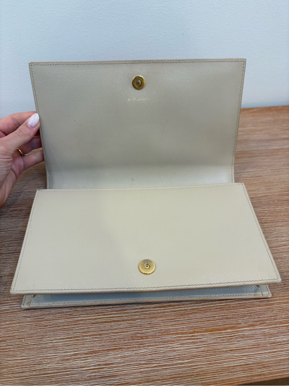 Saint Laurent Beige Leather Clutch with Gold YSL Emblem - Picture 7 of 12